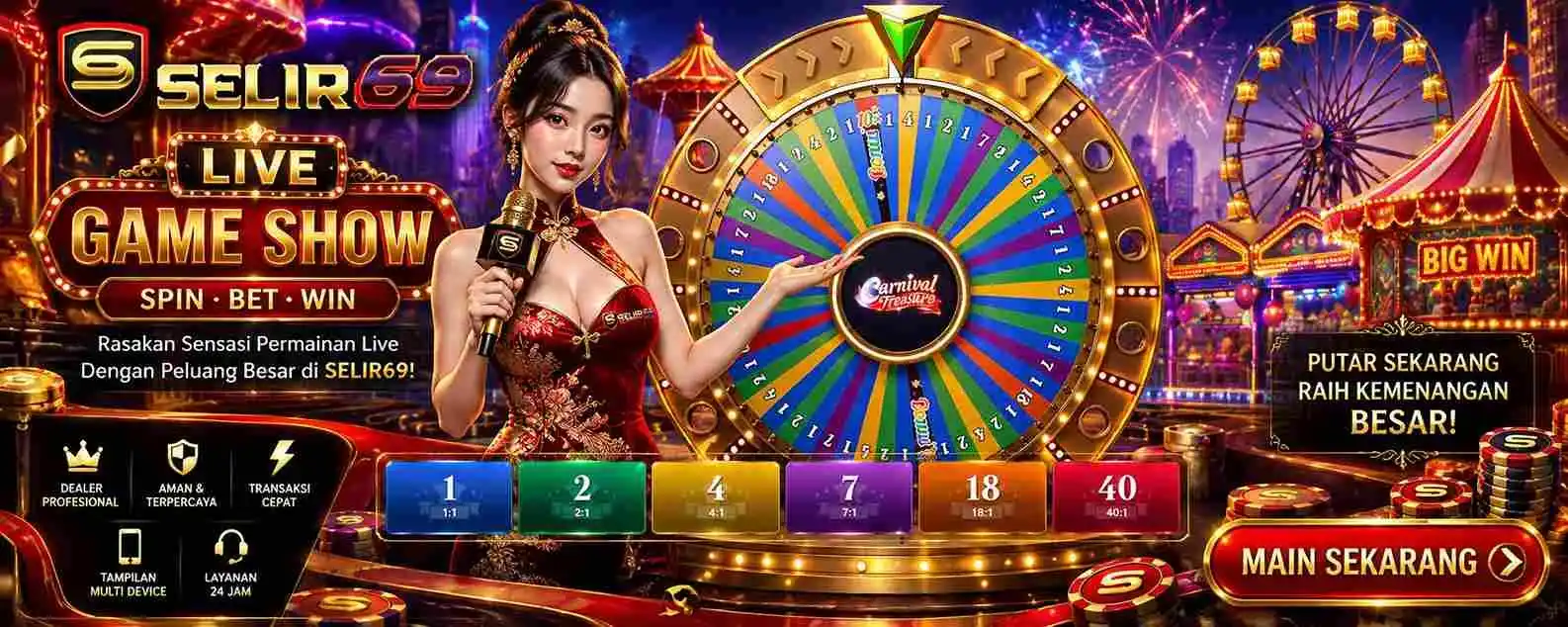 Ilustrasi money wheel dan segmen pada Game Show Live Casino