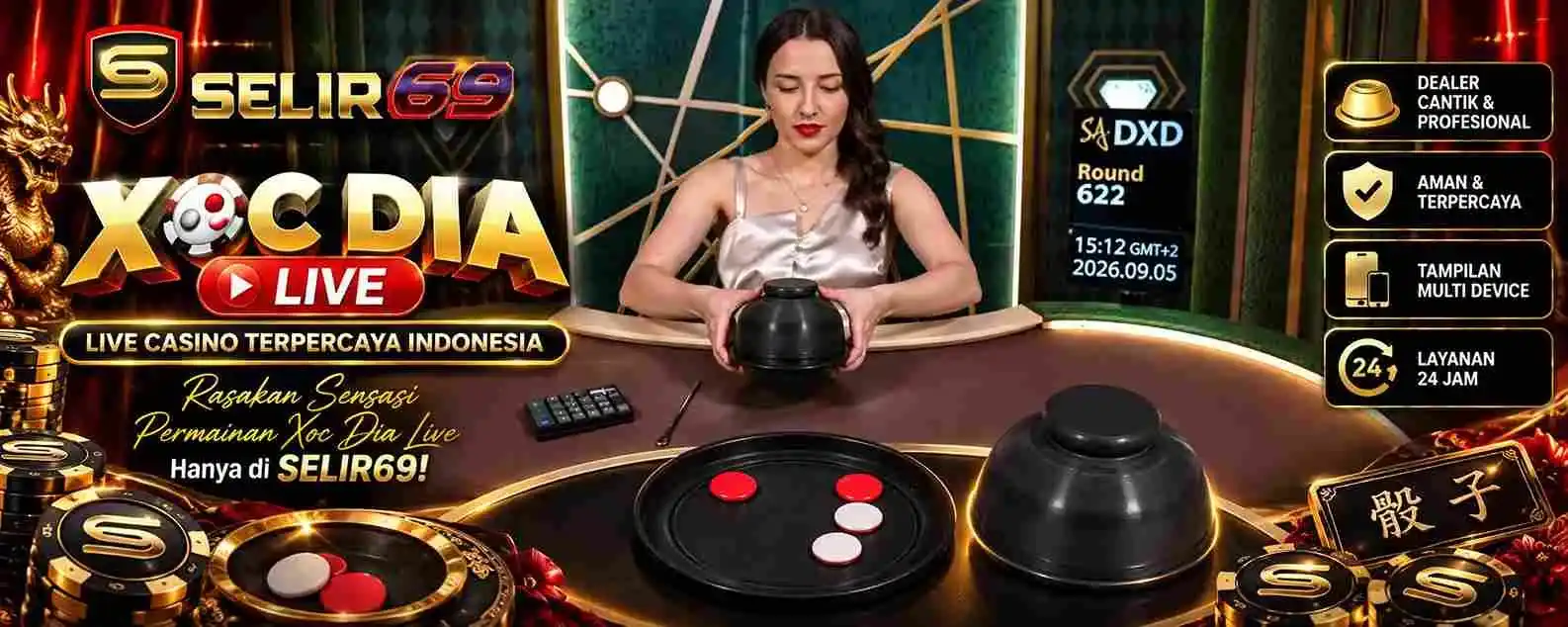 Ilustrasi empat token dua sisi piring dan mangkuk pada Xoc Dia